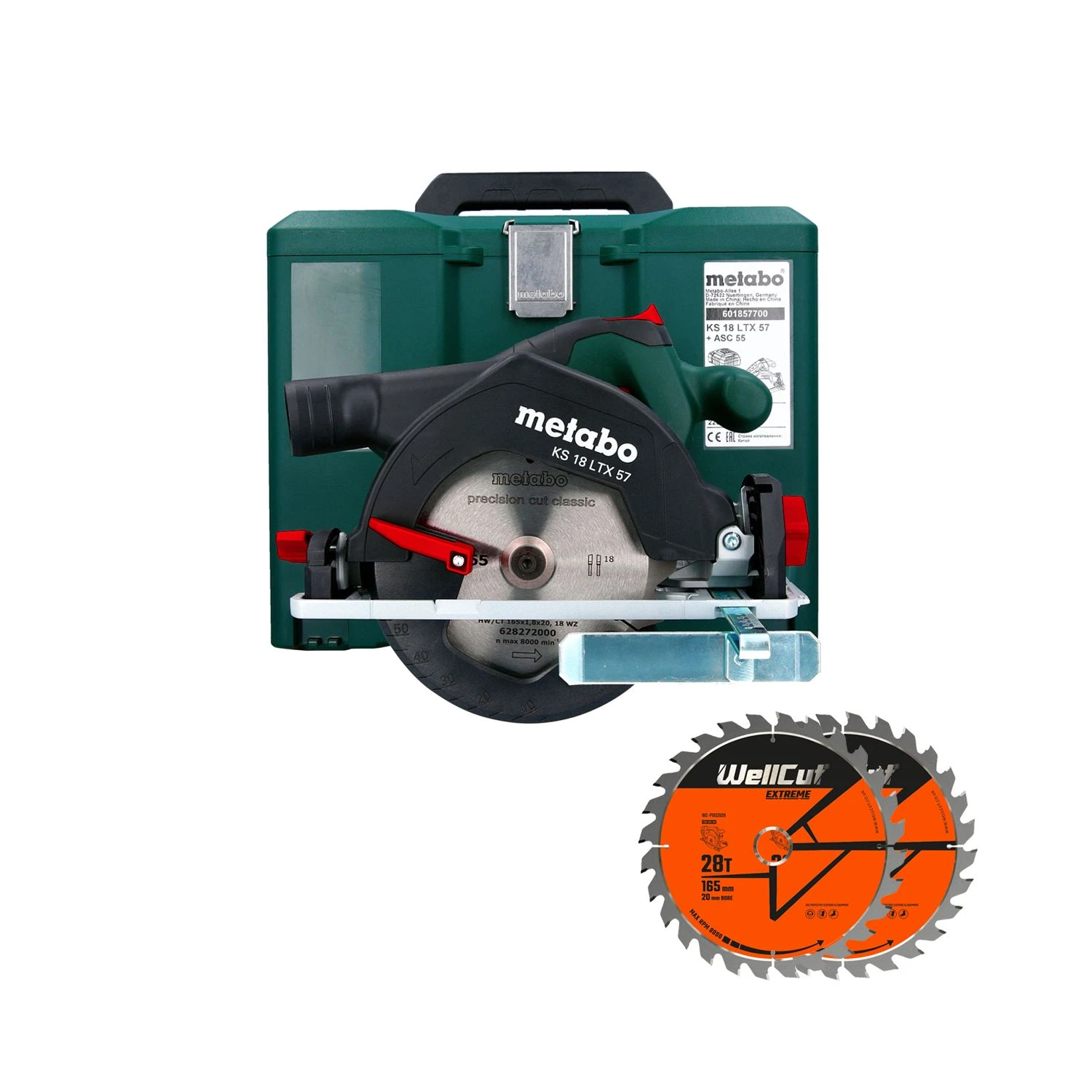 Metabo KS 18 LTX57 18V Cordless 165mm Circular Saw With 2 X 28 Teeth Saw Blades & MetaBOX 1 Metabo KS 18 LTX57 18V Cordless 165mm Circular Saw With 2 X 28 Teeth Saw Blades & MetaBOX