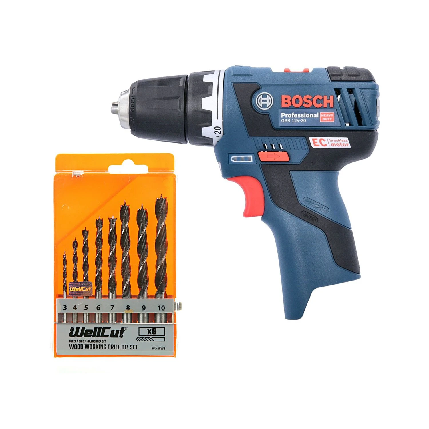 Bosch GSR 12V-20 12V Brushless Drill Driver With 8 Piece Wood Drill Bit Set 1 Bosch GSR 12V-20 12V Brushless Drill Driver With 8 Piece Wood Drill Bit Set