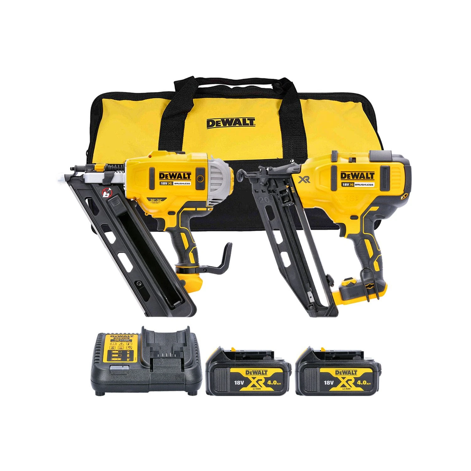 DeWalt DCK2046 18V XR Cordless Brushless Finishing & Framing Nailer Twin Pack With 2 X 4.0Ah Batteries, Charger & Tool Bag 1 DeWalt DCK2046 18V XR Cordless Brushless Finishing & Framing Nailer Twin Pack With 2 X 4.0Ah Batteries, Charger & Tool Bag