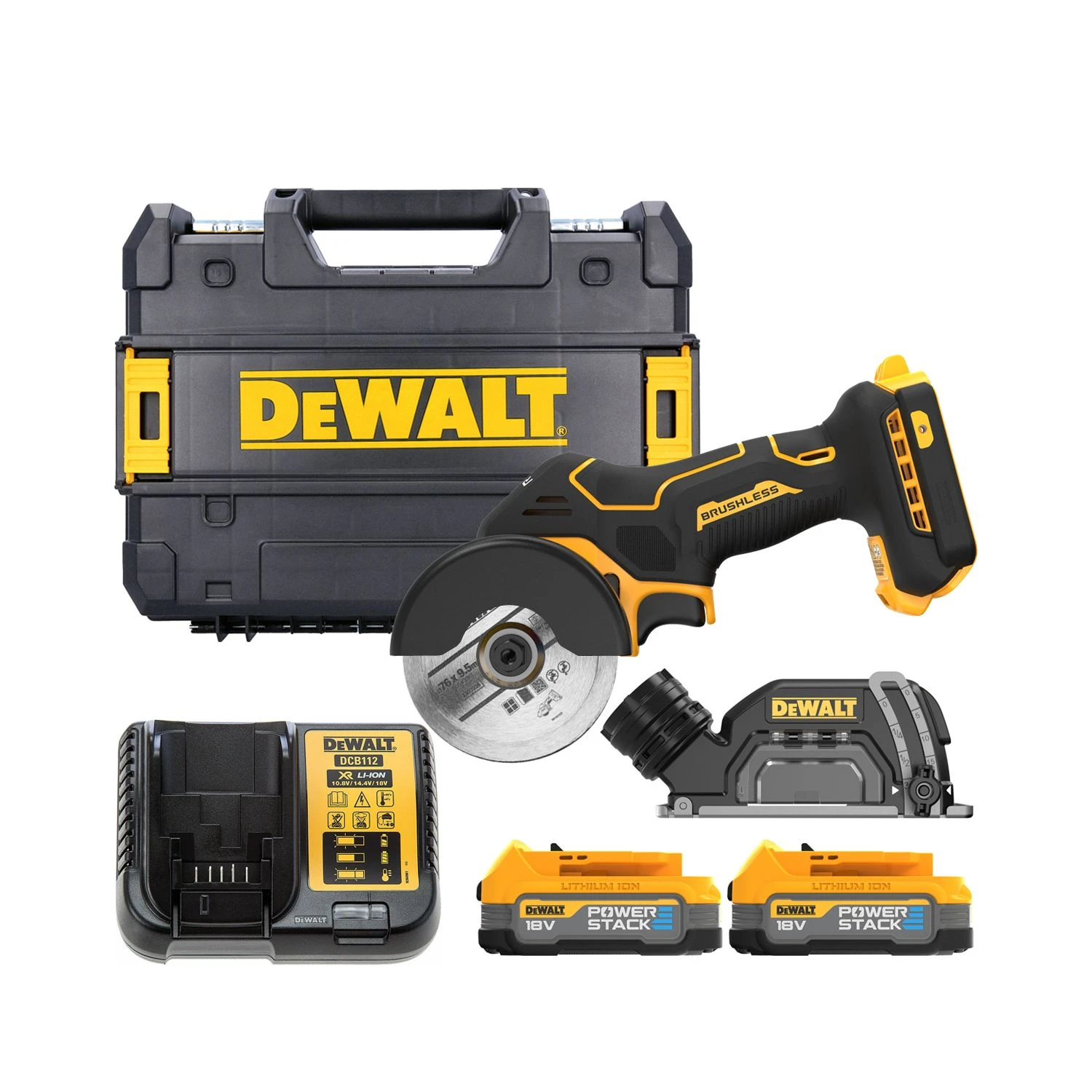 DeWalt DCS438E2T 18V Cordless Brushless 75mm Powerstack Cut Off Saw With 2 X Batteries, Charger & Case 1 DeWalt DCS438E2T 18V Cordless Brushless 75mm Powerstack Cut Off Saw With 2 X Batteries, Charger & Case