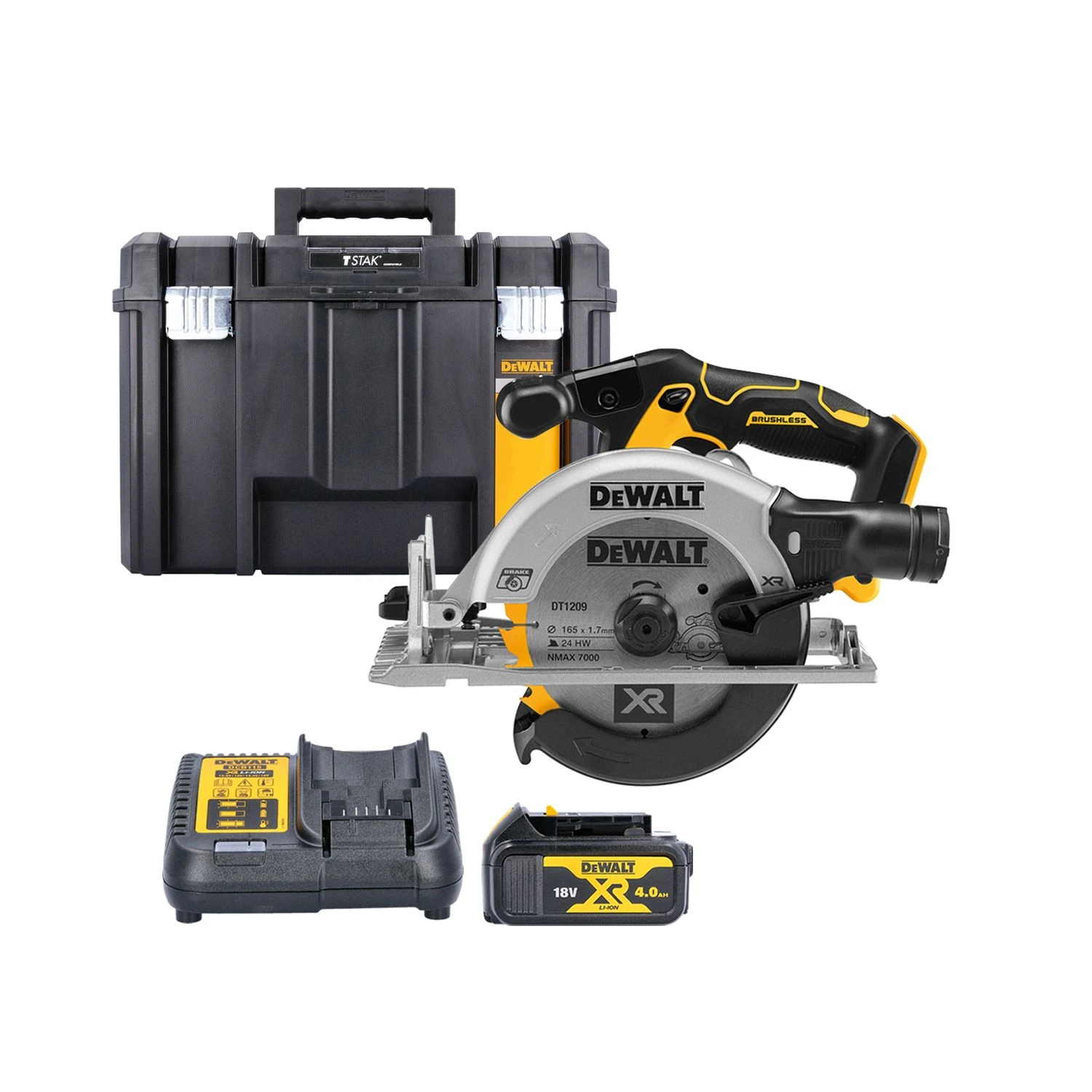 DeWalt DCS565 18V XR Cordless Brushless 165mm Circular Saw With 1 X 4.0Ah Battery, Charger & TSTAK VI Case 1 DeWalt DCS565 18V XR Cordless Brushless 165mm Circular Saw With 1 X 4.0Ah Battery, Charger & TSTAK VI Case