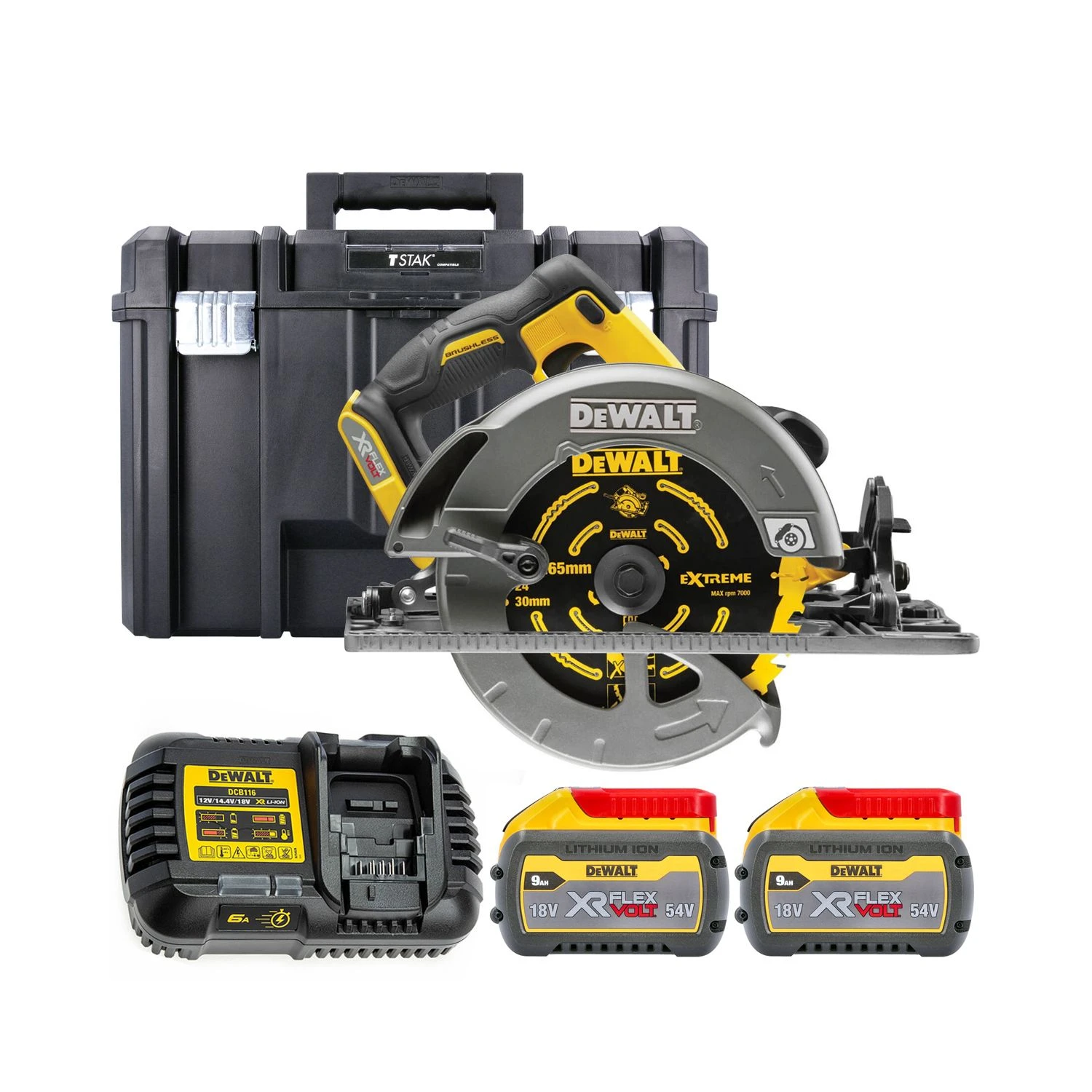 DeWalt DCS576 54V XR Brushless Flexvolt 190mm Circular Saw With 2 X 9.0Ah Batteries, Charger & Case 1 DeWalt DCS576 54V XR Brushless Flexvolt 190mm Circular Saw With 2 X 9.0Ah Batteries, Charger & Case