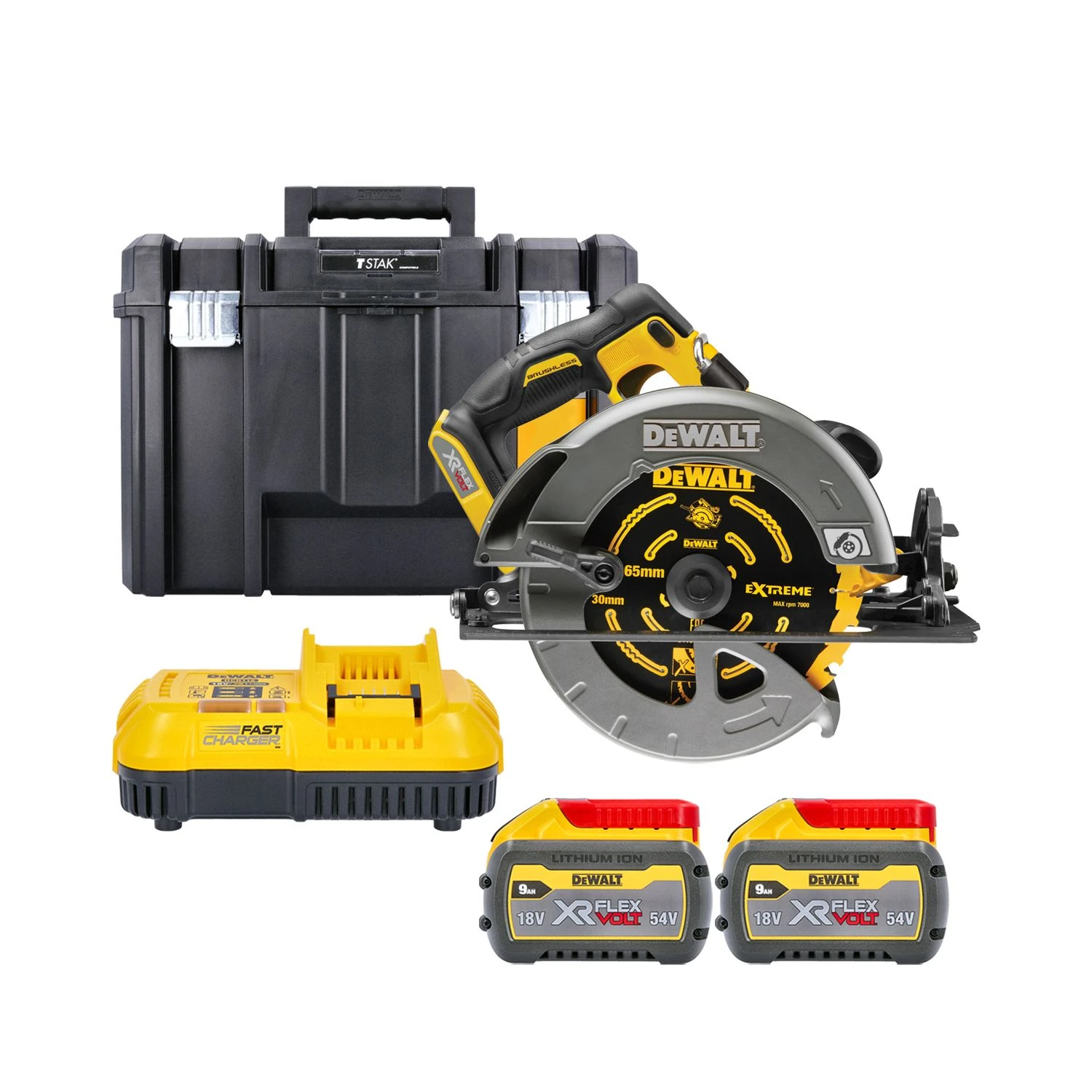 Dewalt DCS578X2 54V Cordless Brushless FlexVolt 190mm Circular Saw With 2 X 9.0Ah Batteries, Charger & T-Stak Case 1 Dewalt DCS578X2 54V Cordless Brushless FlexVolt 190mm Circular Saw With 2 X 9.0Ah Batteries, Charger & T-Stak Case