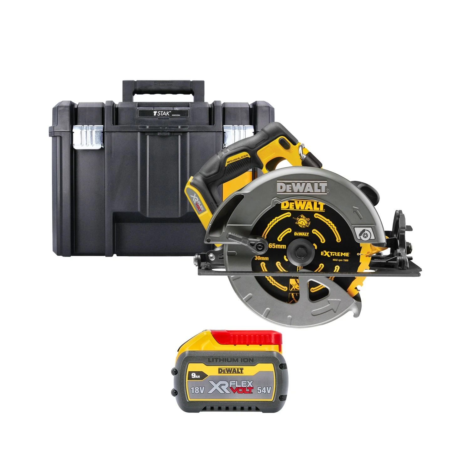DeWalt DCS579 54V XR Cordless Brushless FlexVolt 190mm Circular Saw With 1 X 9.0Ah Battery & TSTAK Case 1 DeWalt DCS579 54V XR Cordless Brushless FlexVolt 190mm Circular Saw With 1 X 9.0Ah Battery & TSTAK Case