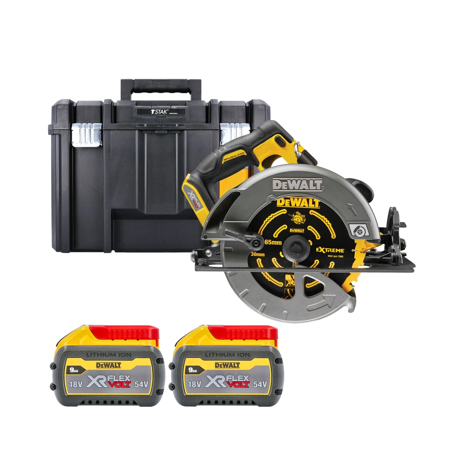 DeWalt DCS579 54V XR Cordless Brushless FlexVolt 190mm Circular Saw With 2 X 9.0Ah Batteries & TSTAK Case 1 DeWalt DCS579 54V XR Cordless Brushless FlexVolt 190mm Circular Saw With 2 X 9.0Ah Batteries & TSTAK Case